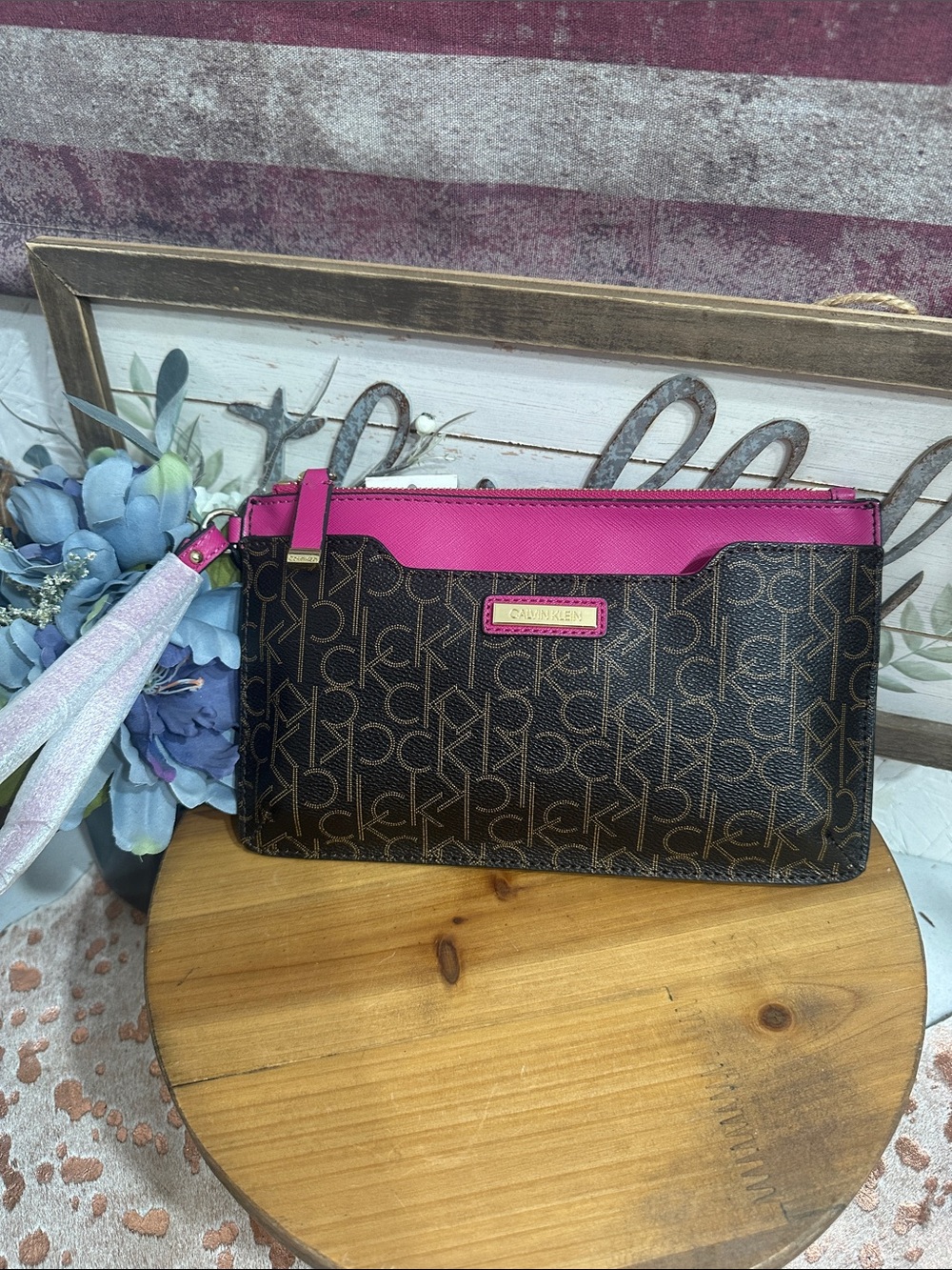 NWT Calvin Klein Brown Monogram Wristlet with Hot Pink Trim